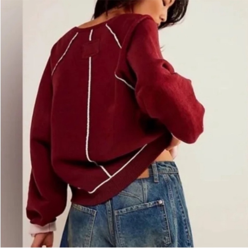 We The Free XSmall Sweatshirt Midnight Pullover in burgundy red with pink piping - Picture 3 of 10